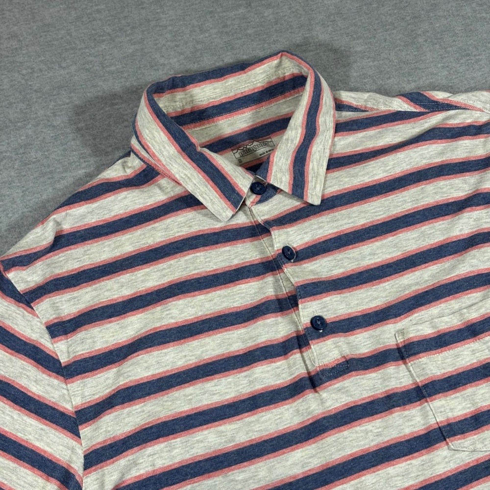 Patagonia Mens Organic Cotton Striped Polo Shirt Small Grey Blue Pink 52776